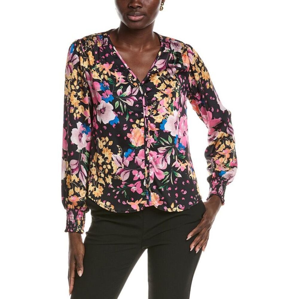 T Tahari Womens V-Neck Blouse, Black